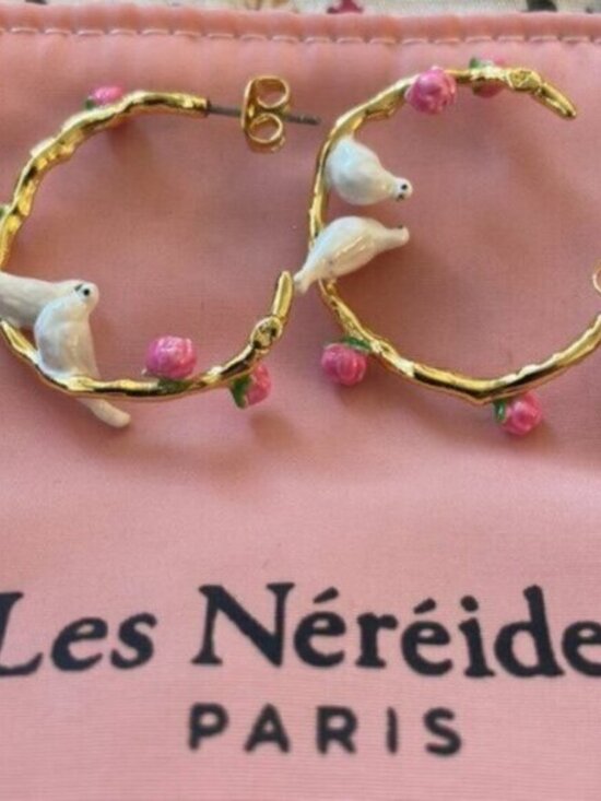 les nereides Jewelry - Les Nereides DOVE COUPLE AND SMALL PEONIES HOOP EARRINGS